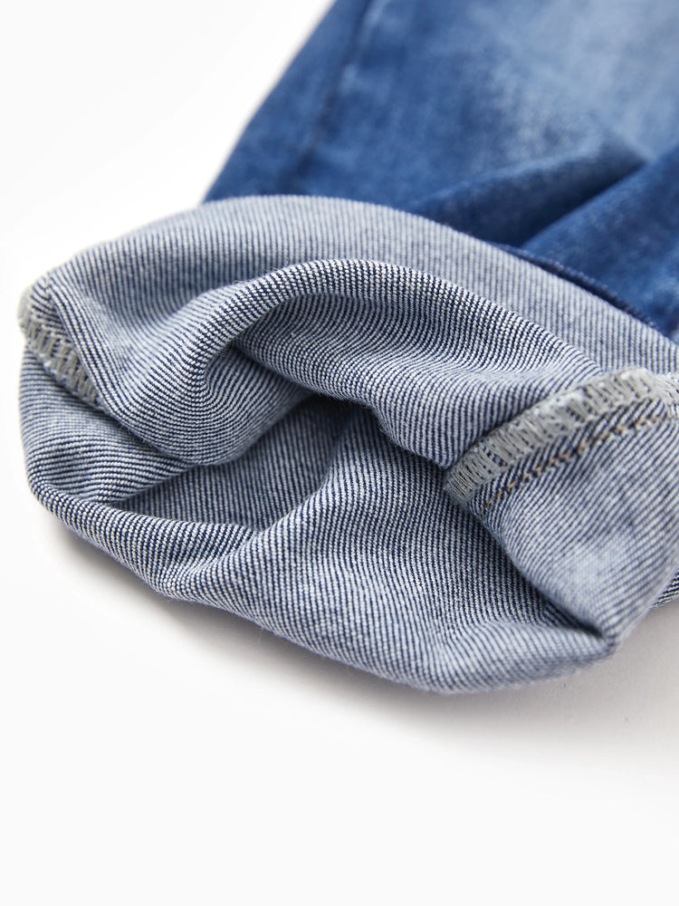 Jean en denim à taille élastique pour enfant, pantalon extensible doux et confortable avec poches, bleu foncé
