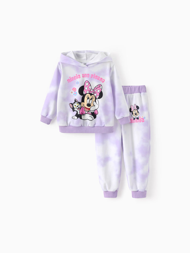 Disney Mickey and Friends Toddler/Kid Girl Minnie Mouse Tie dye Hoodie Sweatshirt and Sweatpants Set Purple