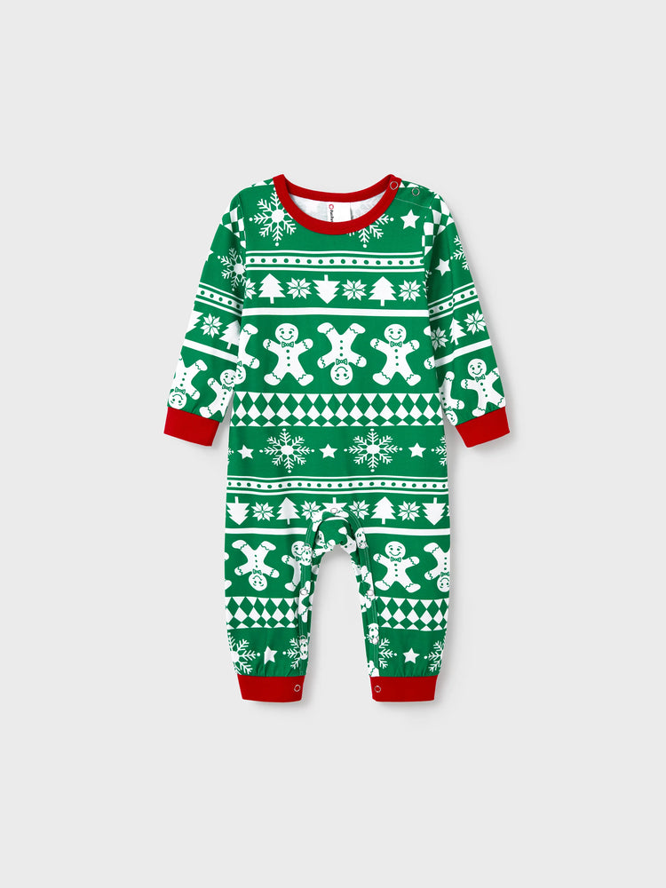 Ensemble pyjama de Noël assorti pour toute la famille, imprimé pain d'épices et sapin de Noël, vert, avec chaussettes de Noël vertes