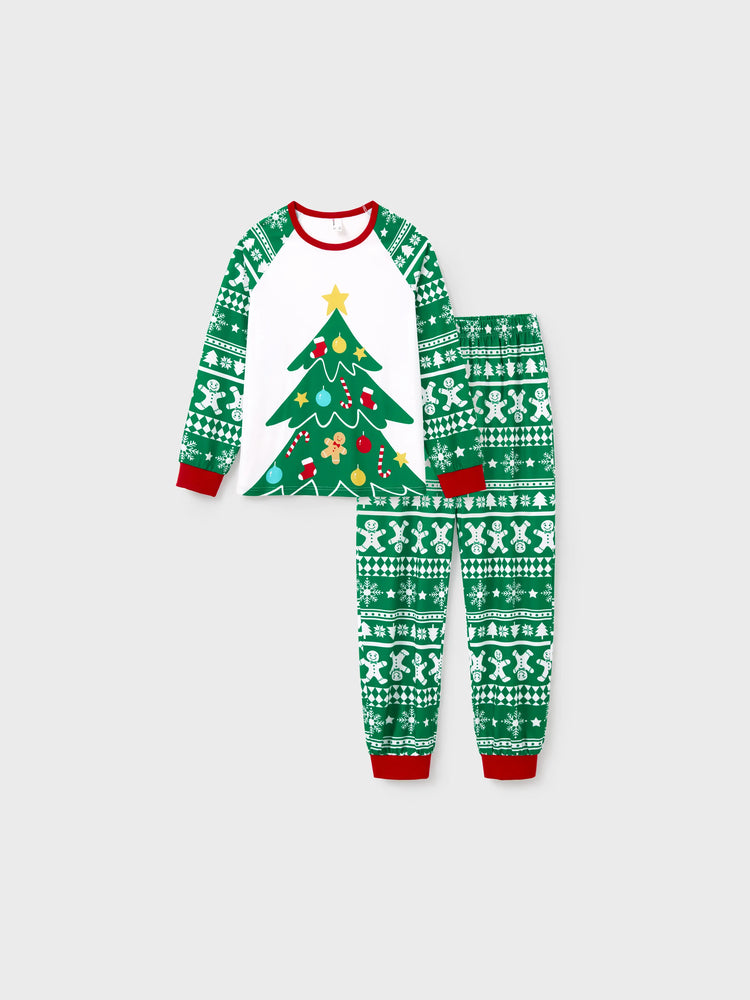 Ensemble pyjama de Noël assorti pour toute la famille, imprimé pain d'épices et sapin de Noël, vert, avec chaussettes de Noël vertes