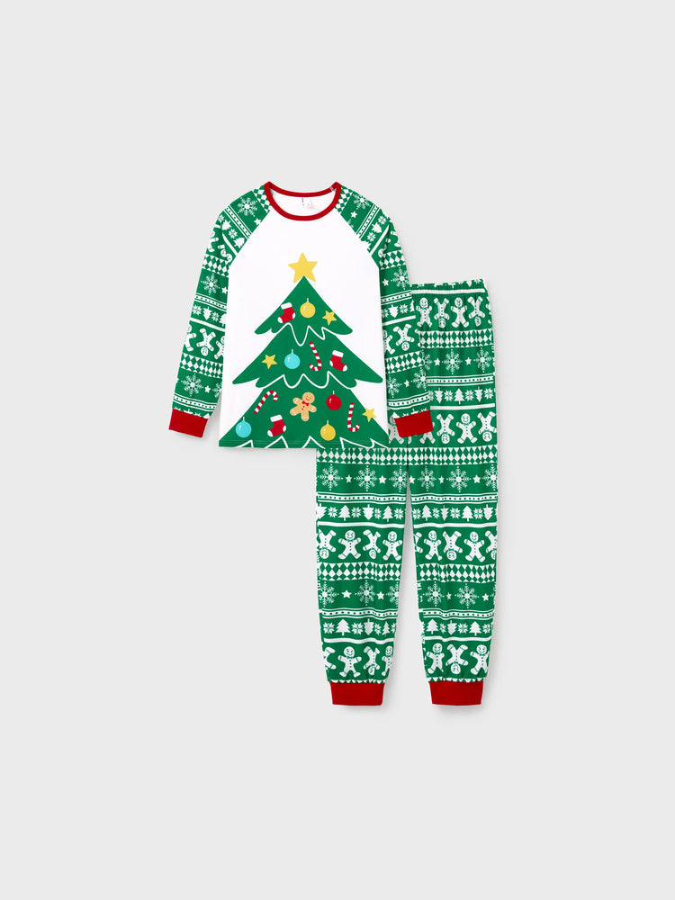 Ensemble pyjama de Noël assorti pour toute la famille, imprimé pain d'épices et sapin de Noël, vert, avec chaussettes de Noël vertes