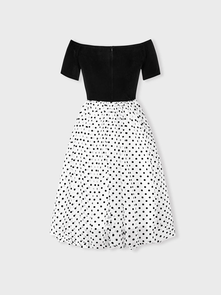 Mommy and Me Kleider - Schwarzes Samttop gespleißte Polka Dot Tüll Kleider  Schwarz+Weiß