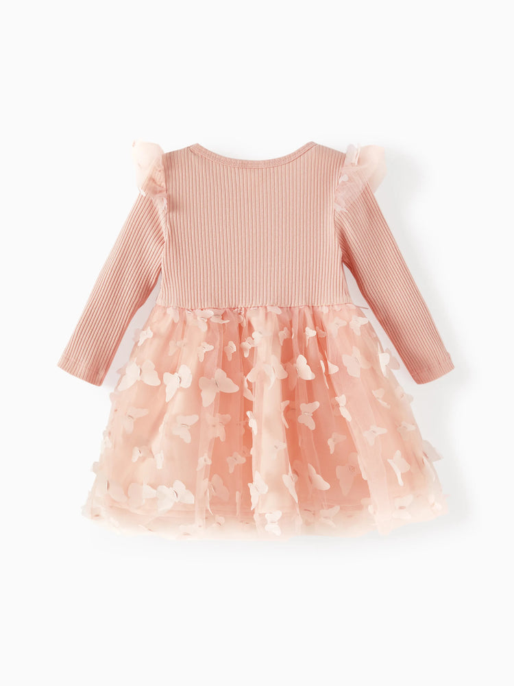 Vestido de malla con flores 3D para niña, color rosa encarnado
