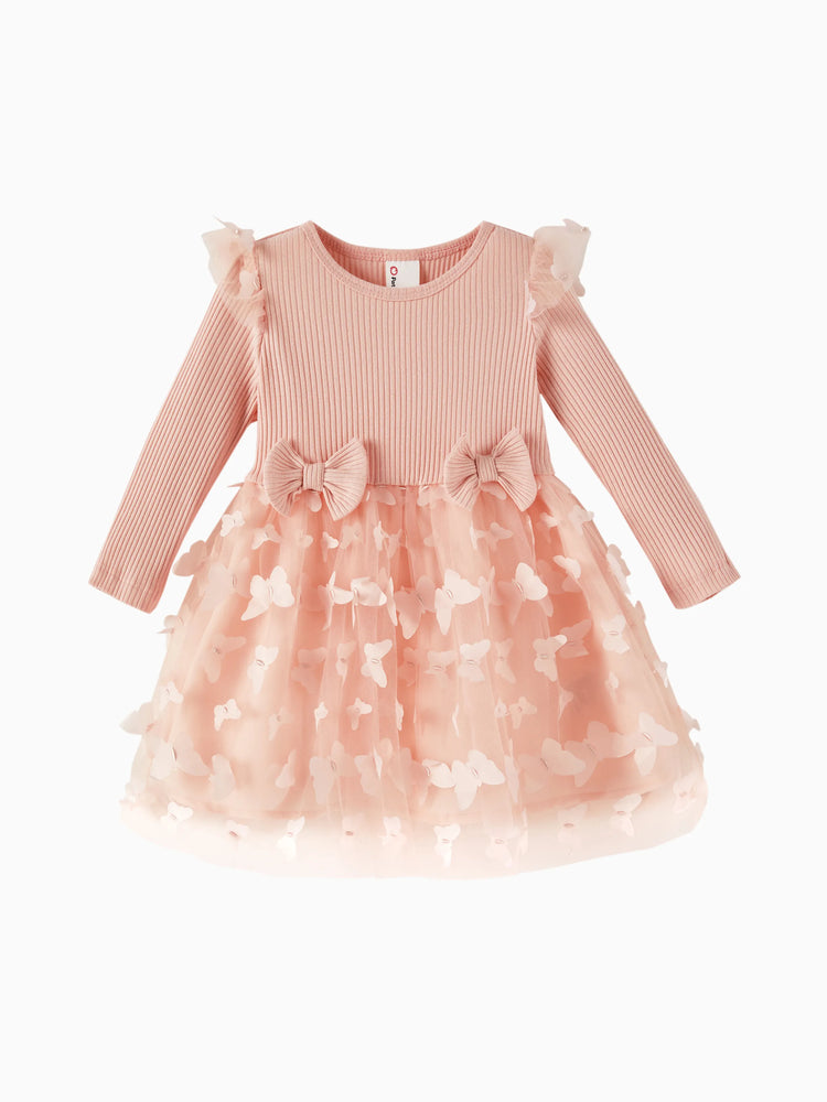 Vestido de malla con flores 3D para niña, color rosa encarnado