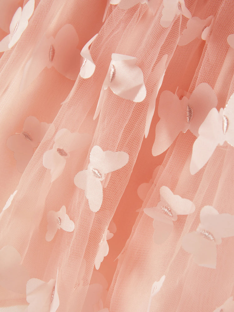 Vestido de malla con flores 3D para niña, color rosa encarnado