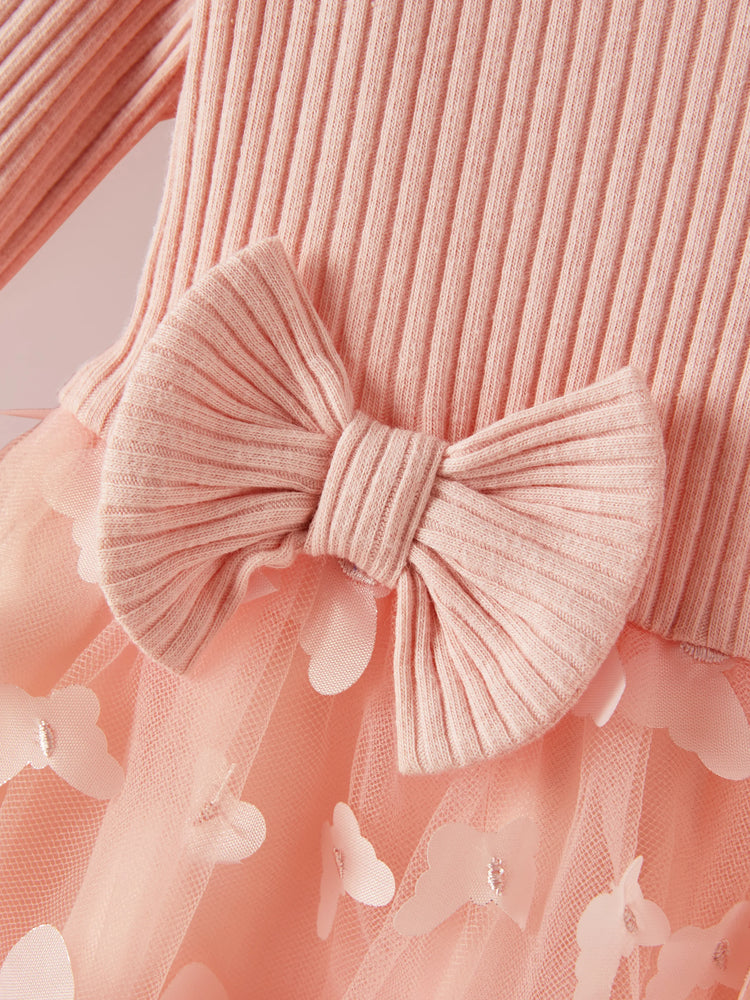 Vestido de malla con flores 3D para niña, color rosa encarnado