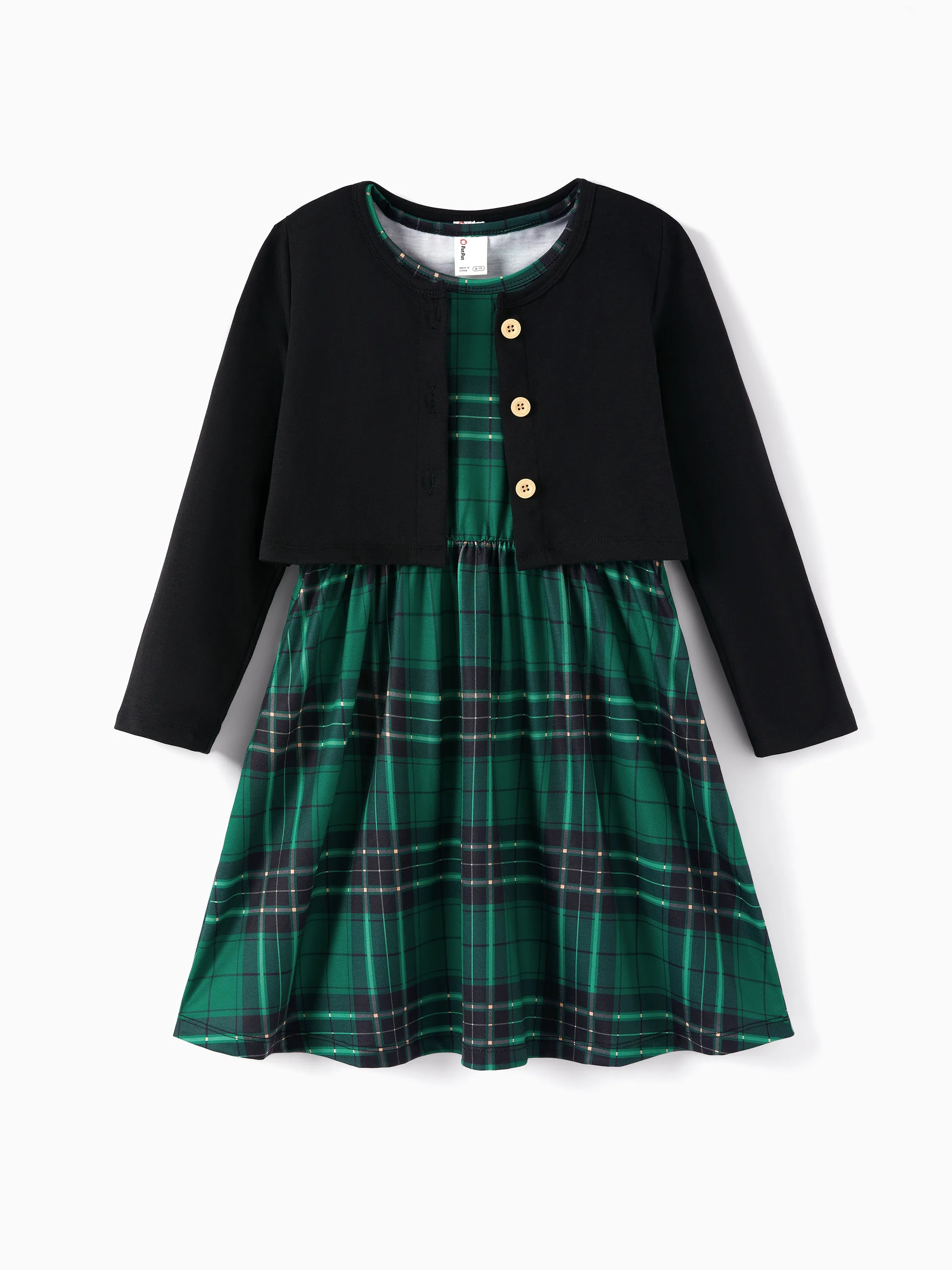 Toddler/ Kid Girl 2pcs Solid Jacket and Plaid Dress Set Dark Green Toddler/ Kid Girl 2pcs Solid Jacket and Plaid Dress Set Dark Green