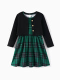 Toddler/ Kid Girl 2pcs Solid Jacket and Plaid Dress Set Dark Green
