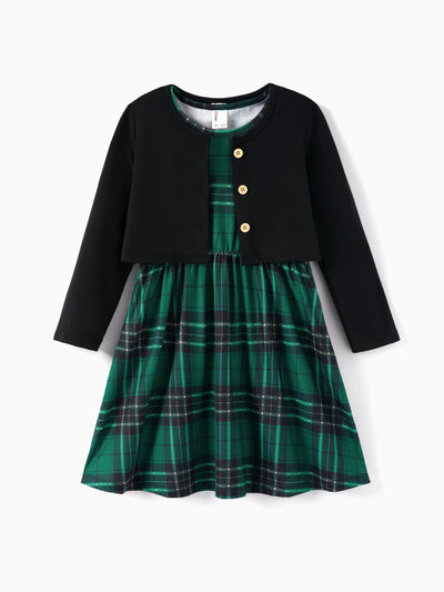 Toddler/ Kid Girl 2pcs Solid Jacket and Plaid Dress Set Dark Green