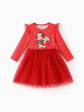 Robe de Noël en tulle à manches longues et motif Mickey Mouse pour petite fille, motif Disney Mickey et ses amis, rouge