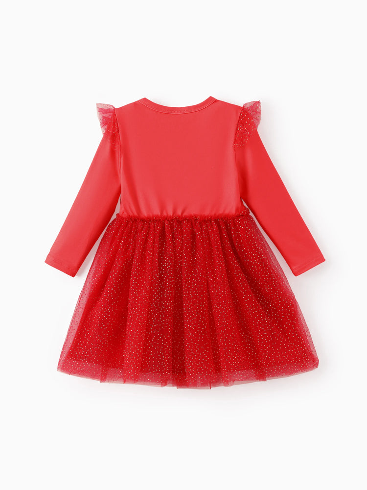 Disney Mickey and Friends Toddler Girl Christmas Mickey Mouse Graphic Long Sleeve Tulle Dress Red