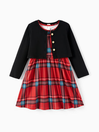 Toddler/ Kid Girl 2pcs Solid Jacket and Plaid Dress Set Burgundy