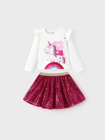 Peppa Pig Toddler Girl 2pcs Strawberry Donuts Flutter Long-sleeve T-shirt with Skirt Set Sequins Pink