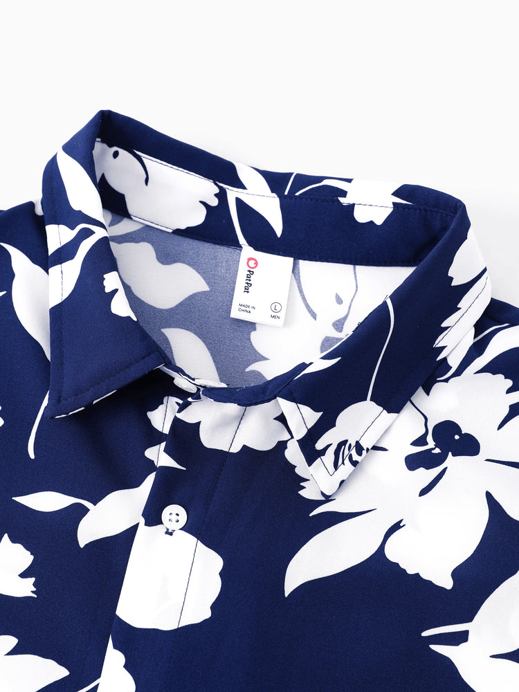 Ensemble familial assorti avec chemise à manches courtes ou robe froncée à imprimé feuilles bleu