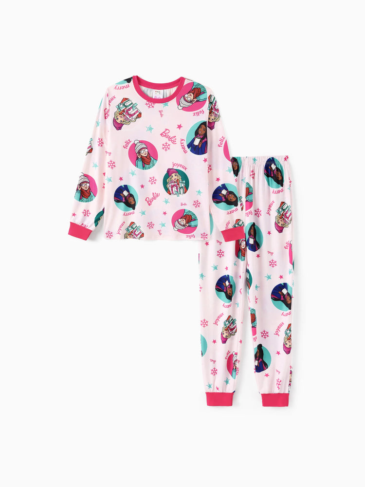 Ensemble pyjama de Noël assorti pour toute la famille avec motif flocon de neige et chaussettes de Noël roses