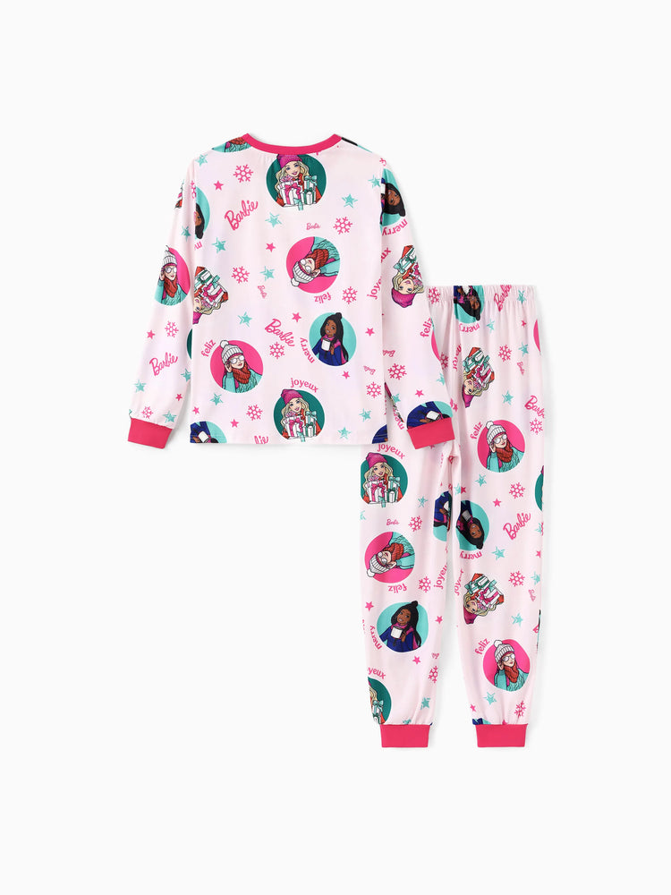 Ensemble pyjama de Noël assorti pour toute la famille avec motif flocon de neige et chaussettes de Noël roses