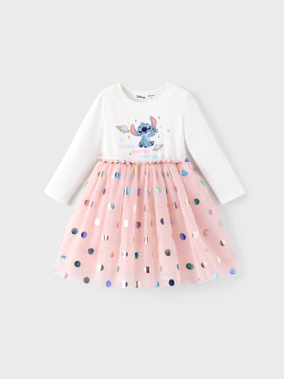 Robe blanche en maille imprimée Disney Stitch pour petite fille, 62 % coton