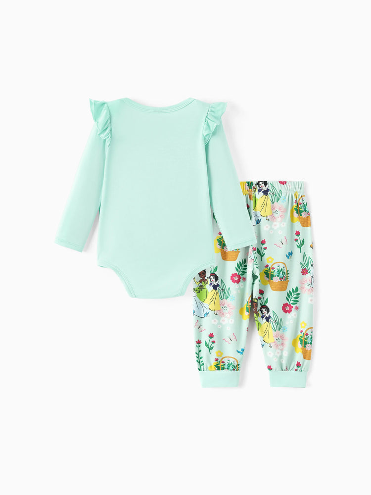 Ensemble 2 pièces princesse Disney pour bébé fille, haut à volants et leggings en bambou, motif Tiana/Cendrillon/Blanche-Neige, vert