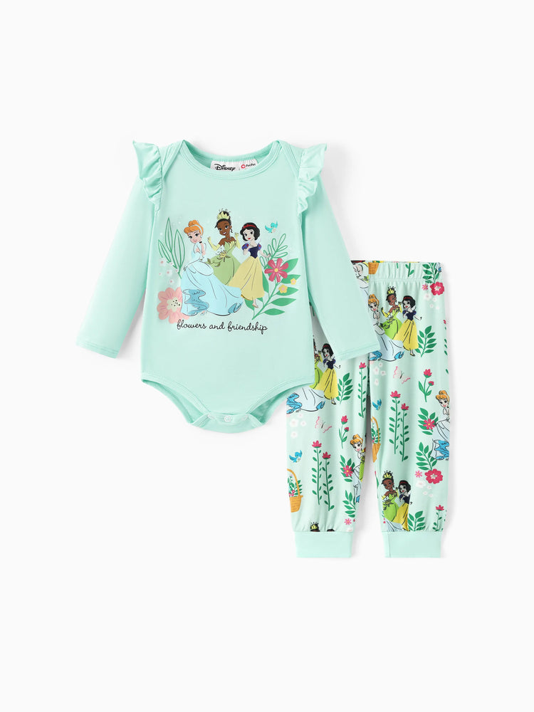 Baby Disney Princess two-piece bamboo set with ruffle-sleeve top and leggings featuring Tiana, Cinderella, and Snow White, green.