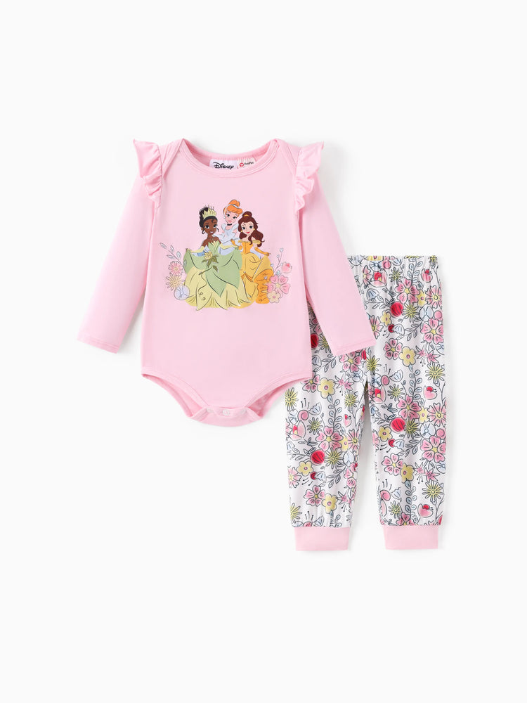 Baby Disney Princess two-piece bamboo set with ruffle-sleeve top and leggings featuring Tiana, Cinderella, and Belle, pink.