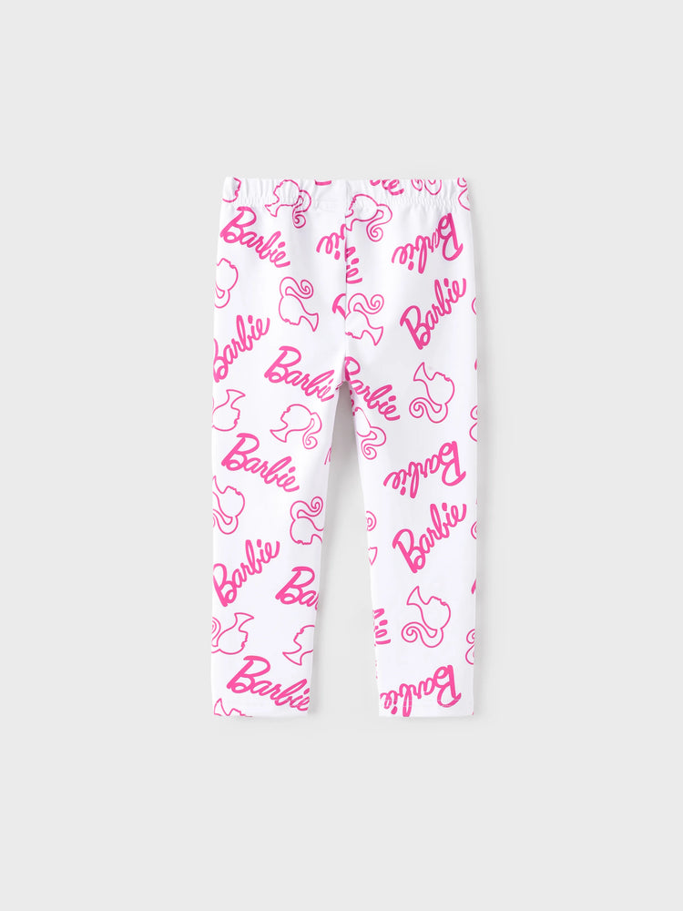 Ensemble 2 pièces Barbie pour petite fille, haut à manches longues en crêpe de coton et pantalon imprimé, rose vif
