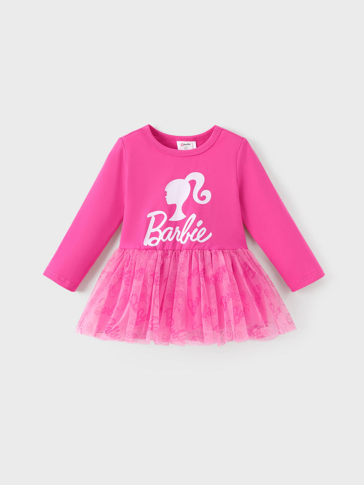Ensemble 2 pièces Barbie pour petite fille, haut à manches longues en crêpe de coton et pantalon imprimé, rose vif