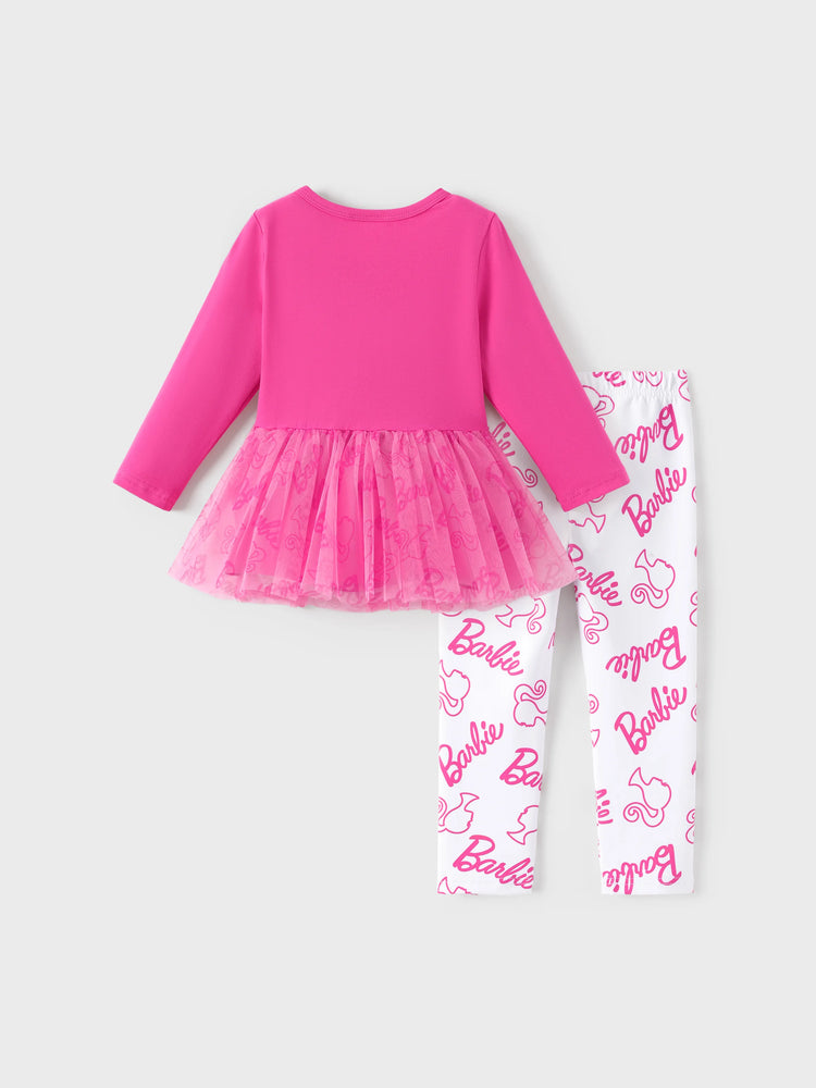 Ensemble 2 pièces Barbie pour petite fille, haut à manches longues en crêpe de coton et pantalon imprimé, rose vif