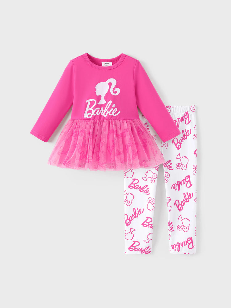 Conjunto de 2 piezas de blusa de manga larga y pantalón estampado de crepé de algodón para niña Barbie, color rosa intenso
