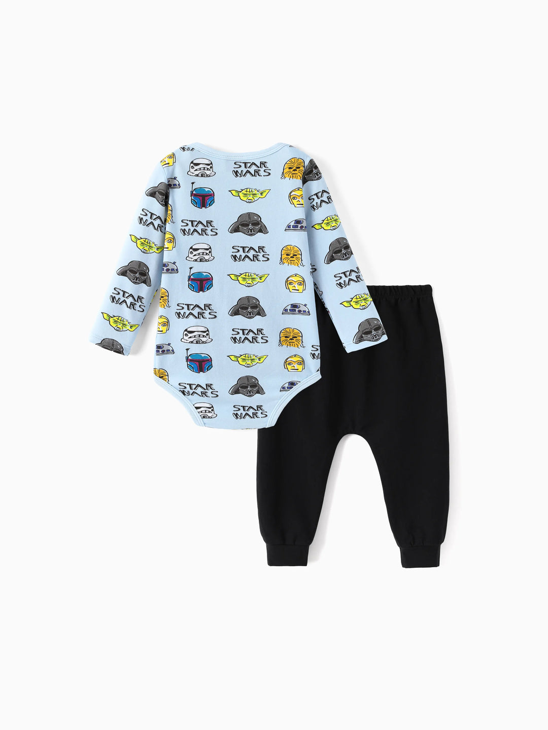 Ensemble 2 pièces Star Wars pour bébé garçon, body à manches longues et pantalon à imprimé enfantin Yoda/Dark Vador/R2-D2/C-3PO, bleu clair