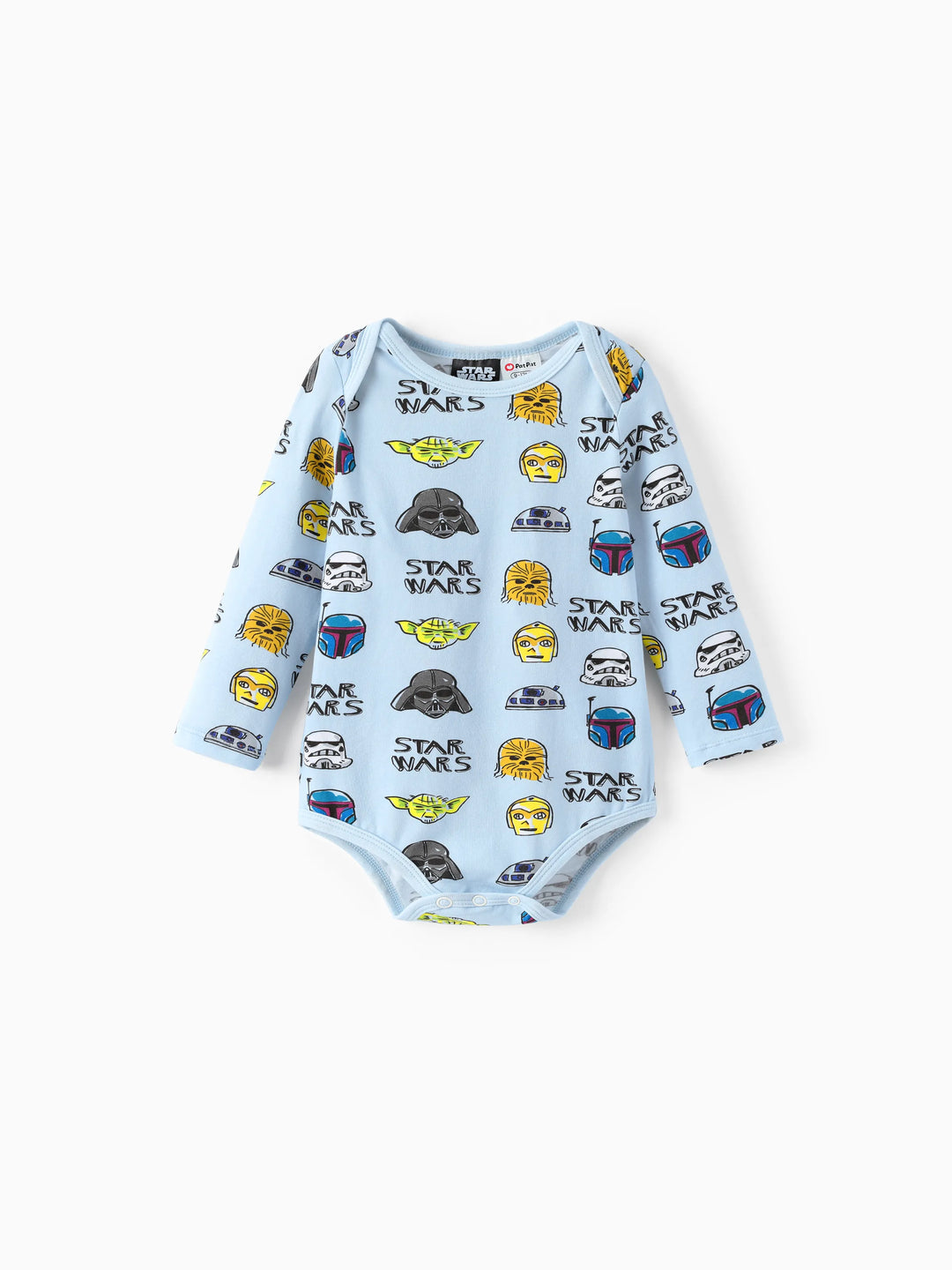 Ensemble 2 pièces Star Wars pour bébé garçon, body à manches longues et pantalon à imprimé enfantin Yoda/Dark Vador/R2-D2/C-3PO, bleu clair