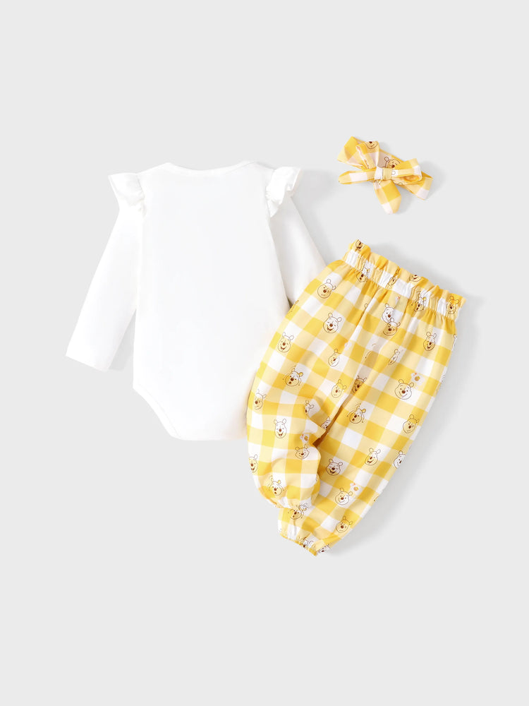 Ensemble 3 pièces Disney Winnie l'ourson pour bébé fille, barboteuse à volants, pantalon et bandeau, couleur gingembre