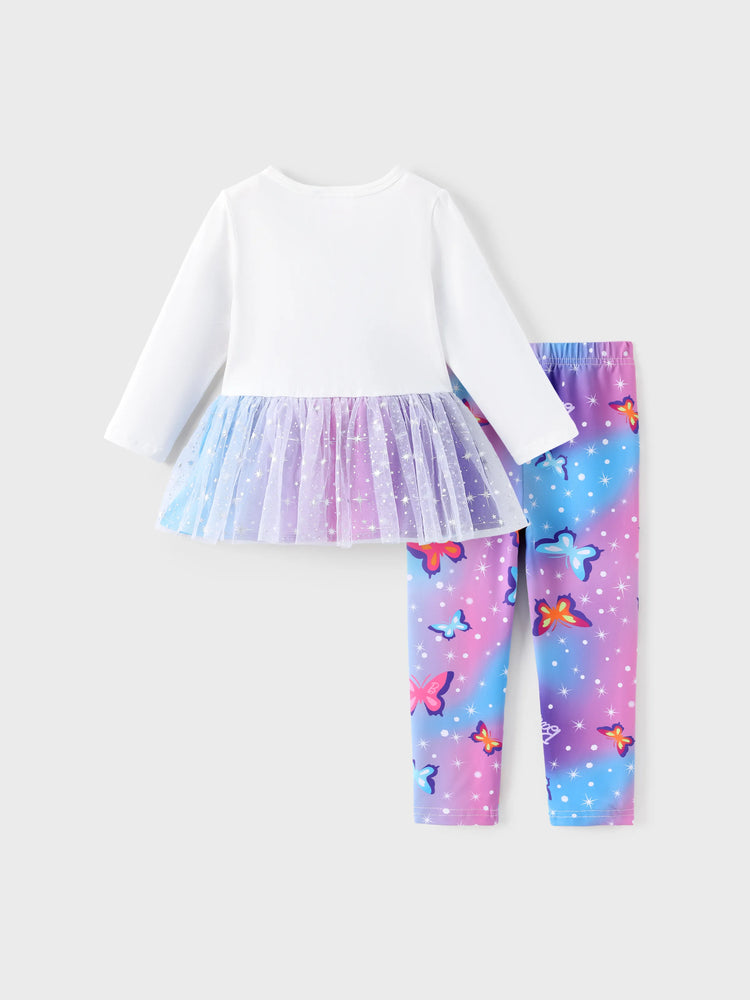 Barbie Toddler Girl 2pcs Cotton Crepe Long-sleeve Top and Printed Pants Sets White