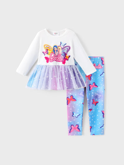 Ensemble 2 pièces Barbie pour petite fille : haut à manches longues en crêpe de coton et pantalon imprimé, blanc