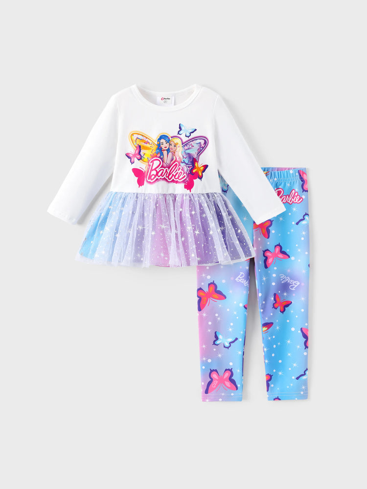 Barbie Toddler Girl 2pcs Cotton Crepe Long-sleeve Top and Printed Pants Sets White