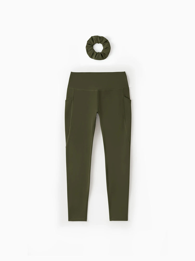 Girl's Leggings High-Waist Yoga Pants Solid Color Leggings with Complimentary Matching Scrunchie Army green