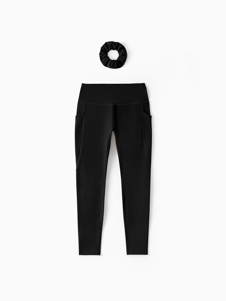 Leggings de yoga taille haute pour fille, couleur unie, avec chouchou assorti offert, noir