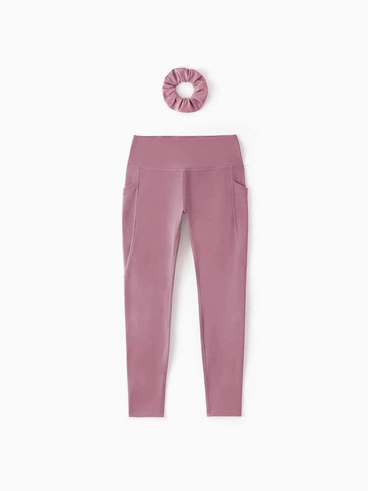 Leggings de yoga taille haute pour fille, couleur unie, avec chouchou assorti offert, violet