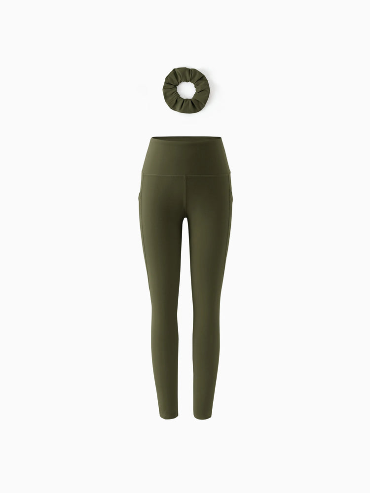 Girl's Leggings High-Waist Yoga Pants Solid Color Leggings with Complimentary Matching Scrunchie Army green