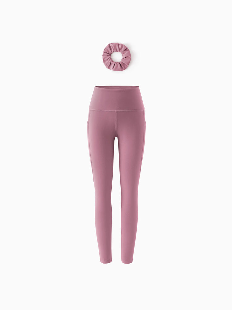 Leggings de yoga taille haute pour fille, couleur unie, avec chouchou assorti offert, violet