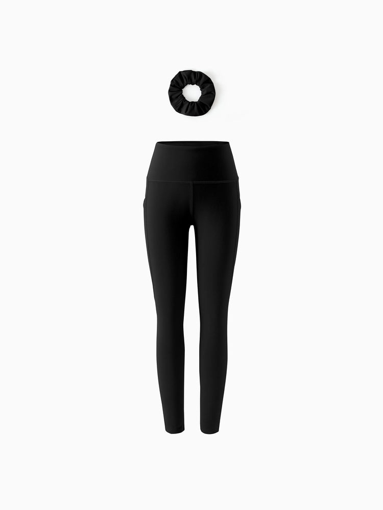 Leggings de yoga taille haute pour fille, couleur unie, avec chouchou assorti offert, noir