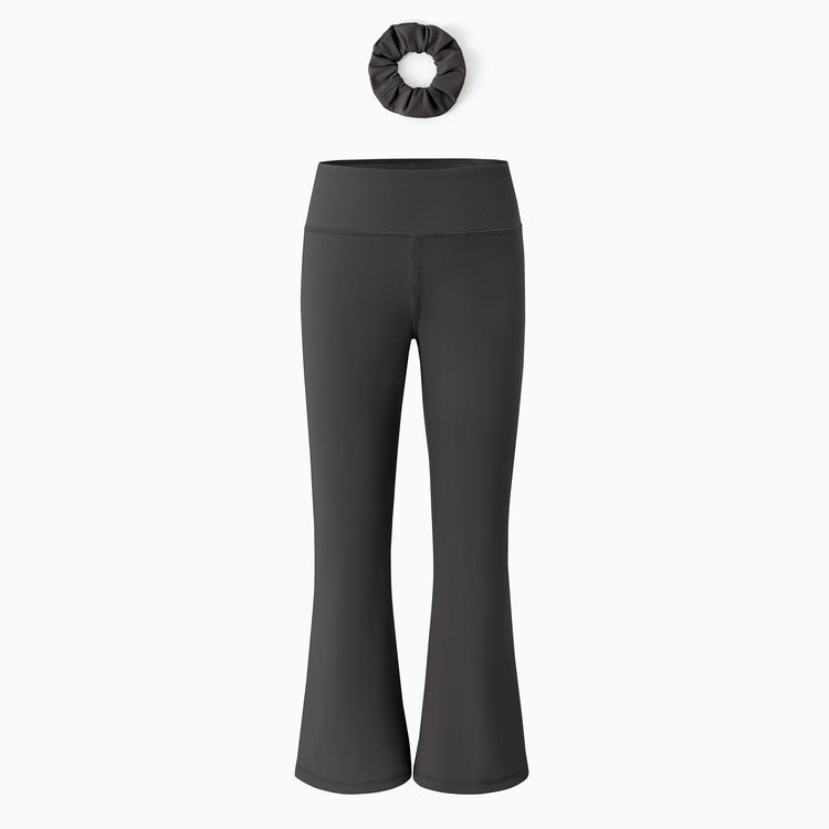 Girl's Leggings High-Waist Flared Yoga Pants with Complimentary Matching Scrunchie Dark Grey