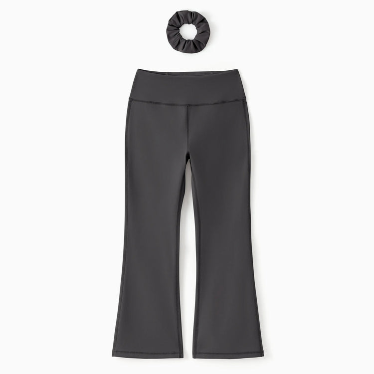 Girl's Leggings High-Waist Flared Yoga Pants with Complimentary Matching Scrunchie Dark Grey