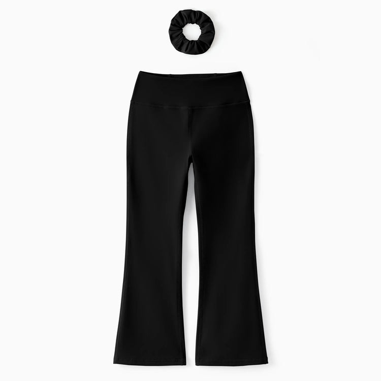 Leggings de yoga évasés taille haute pour fille avec chouchou assorti offert, noir