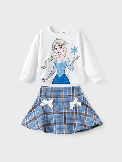 Ensemble 2 pièces Disney La Reine des Neiges pour petite fille, imprimé écossais Elsa et jupe à nœuds, blanc