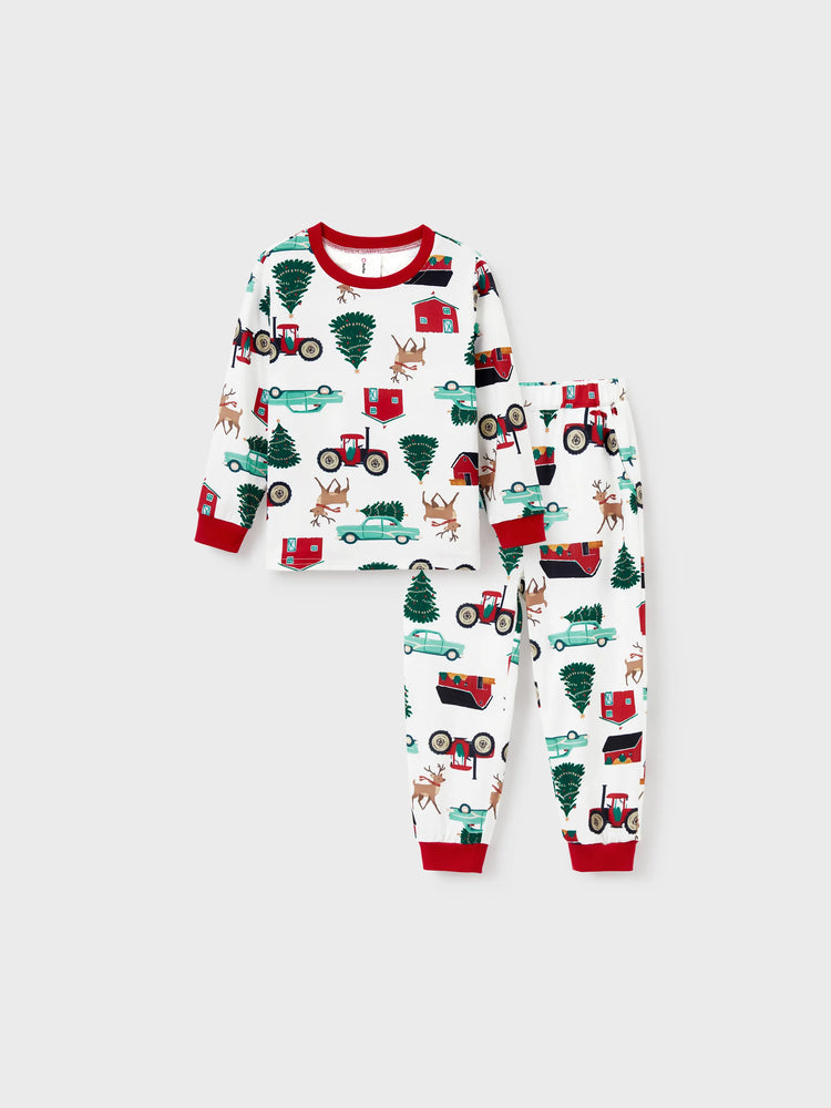 Christmas Matching Family Pajamas Set Reindeer and Car Print PJS with Christmas Socks Red