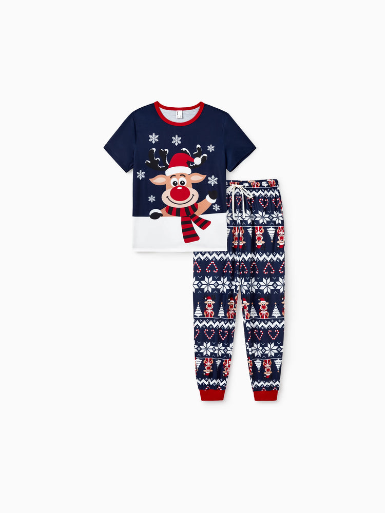 Ensemble pyjama de Noël assorti pour toute la famille, imprimé renne et flocon de neige, bleu foncé
