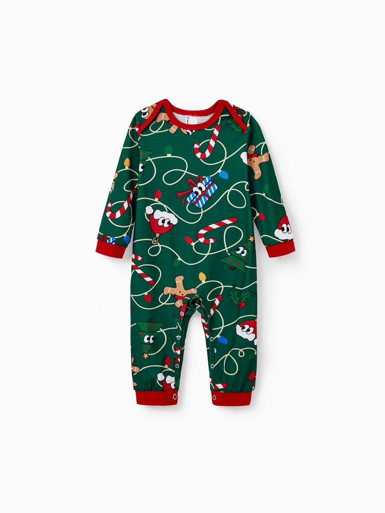 Ensemble pyjama de Noël assorti pour toute la famille, motif pain d'épices et sapin de Noël, vert et blanc, avec chaussettes de Noël vert foncé