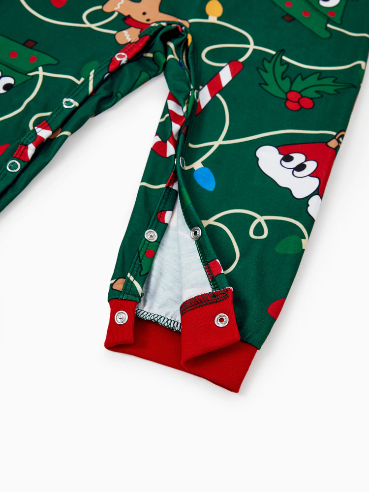 Ensemble pyjama de Noël assorti pour toute la famille, motif pain d'épices et sapin de Noël, vert et blanc, avec chaussettes de Noël vert foncé