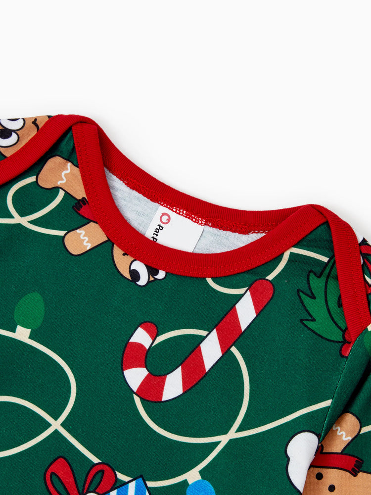 Ensemble pyjama de Noël assorti pour toute la famille, motif pain d'épices et sapin de Noël, vert et blanc, avec chaussettes de Noël vert foncé