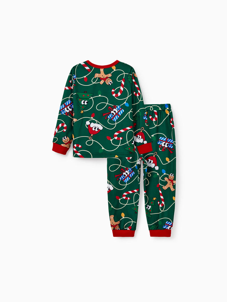 Ensemble pyjama de Noël assorti pour toute la famille, motif pain d'épices et sapin de Noël, vert et blanc, avec chaussettes de Noël vert foncé